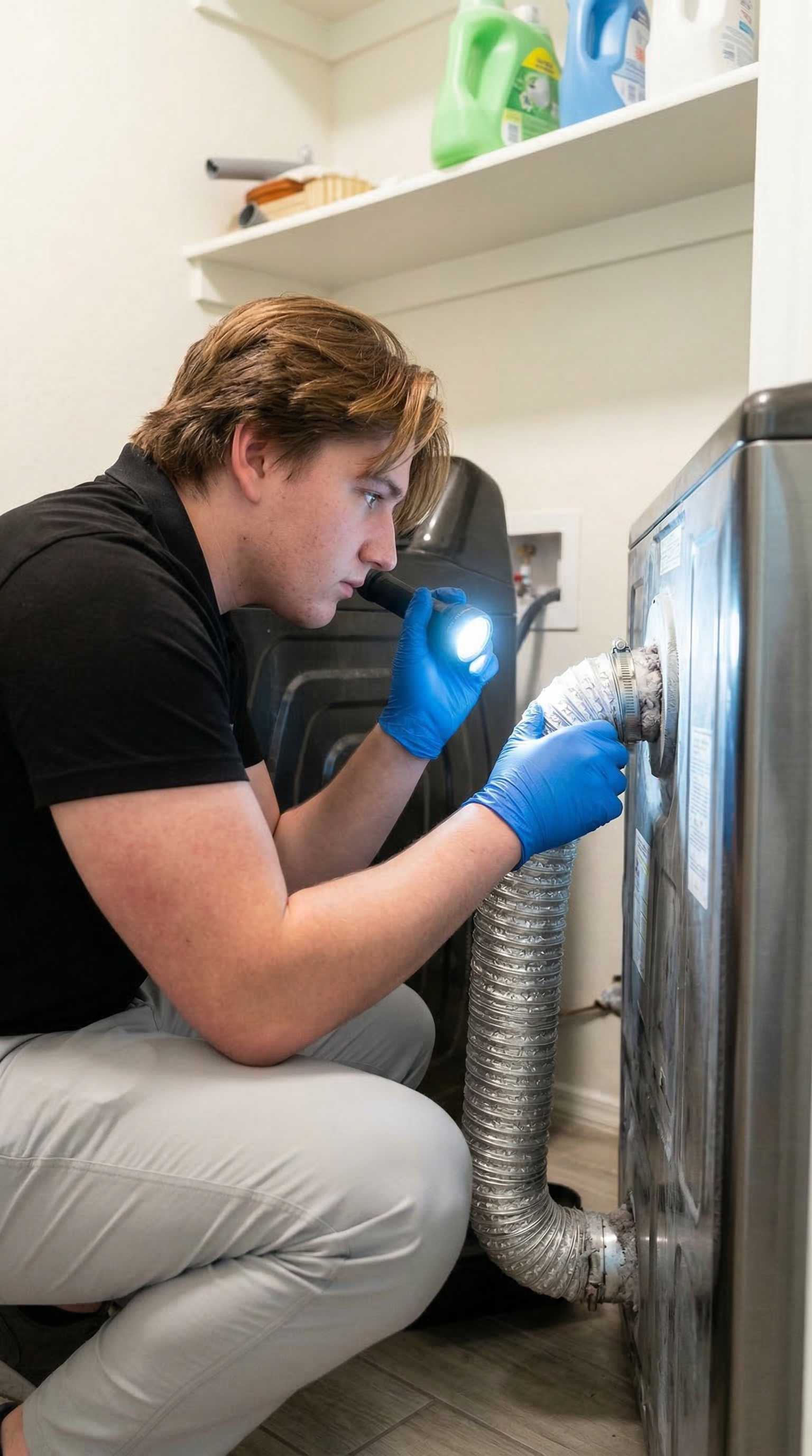 Technician performing detailed appliance vent and connection inspection